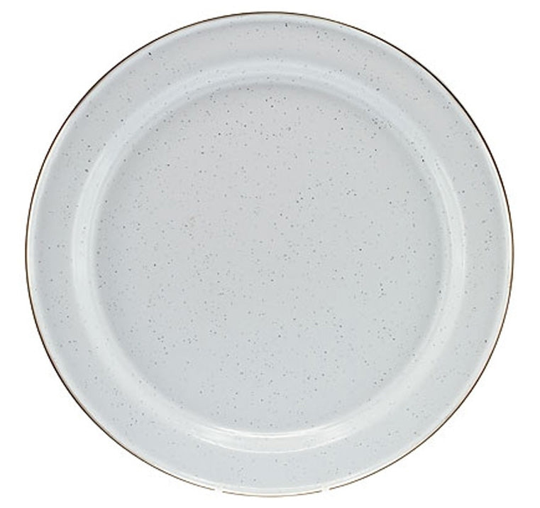 Falcon Enamel Dinner Plate 26cm - White with Black Speckle & Stainless Steel Rim