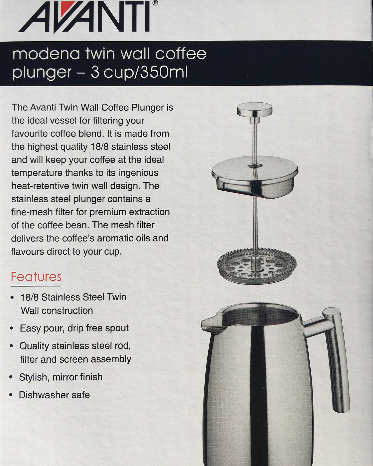 Avanti Modena Stainless Steel Twin Wall Coffee Plunger 350ml