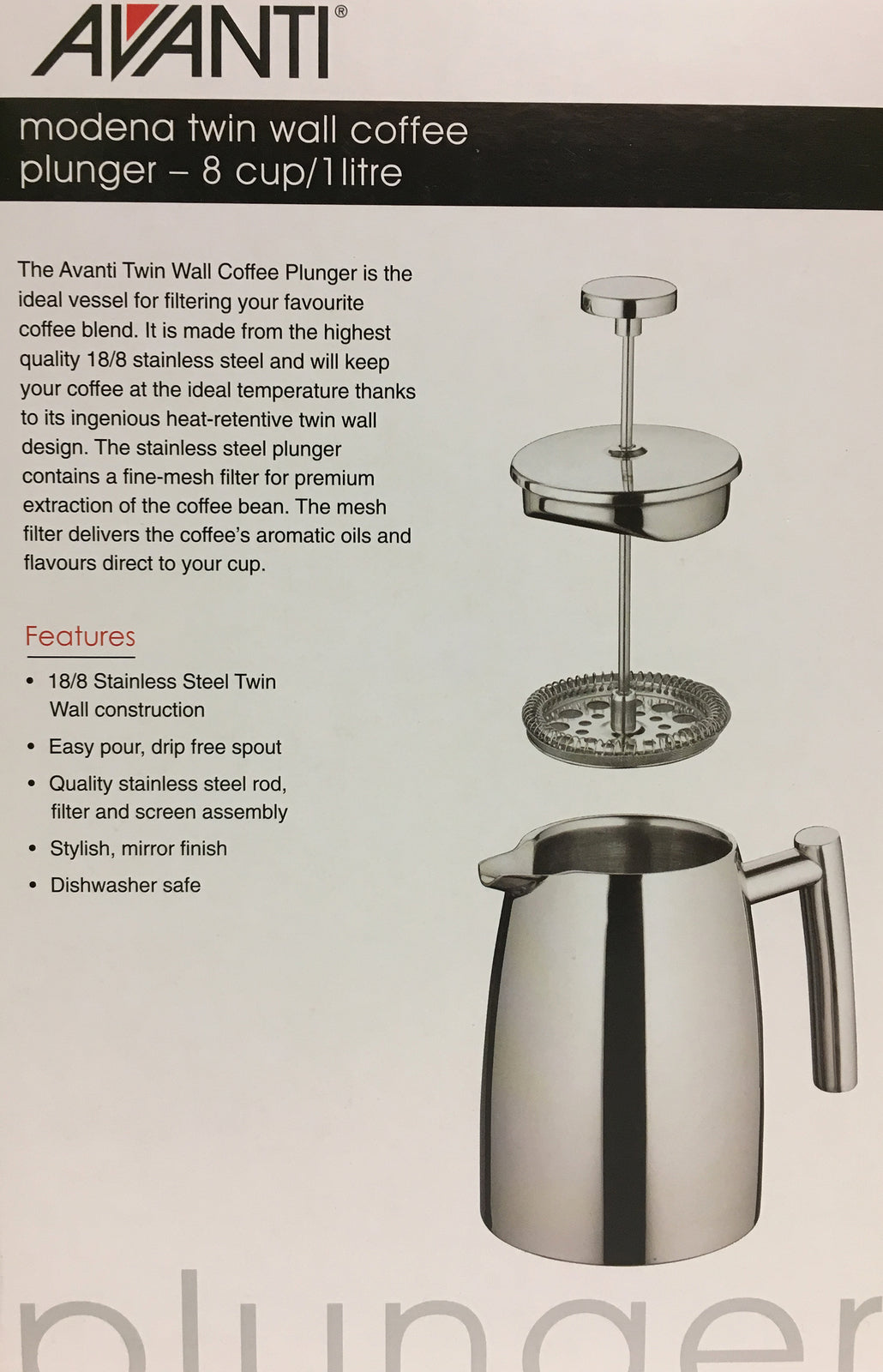 Avanti Modena Stainless Steel Twin Wall Coffee Plunger 1 Litre