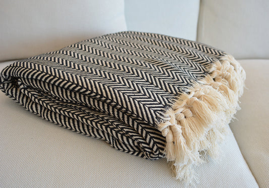 Luxurious Turkish Cotton Throw Rug / Travel Blanket - Black