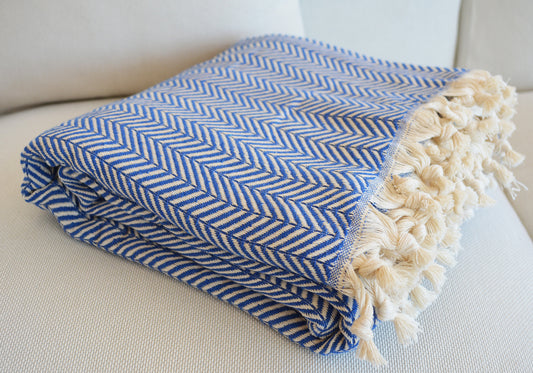 Luxurious Turkish Cotton Throw Rug / Travel Blanket - Blue