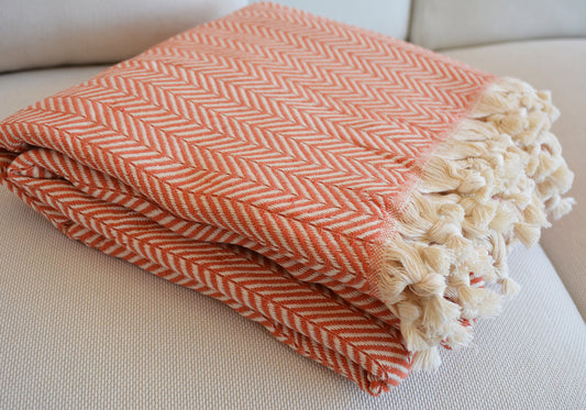 Luxurious Turkish Cotton Throw Rug / Travel Blanket - Orange