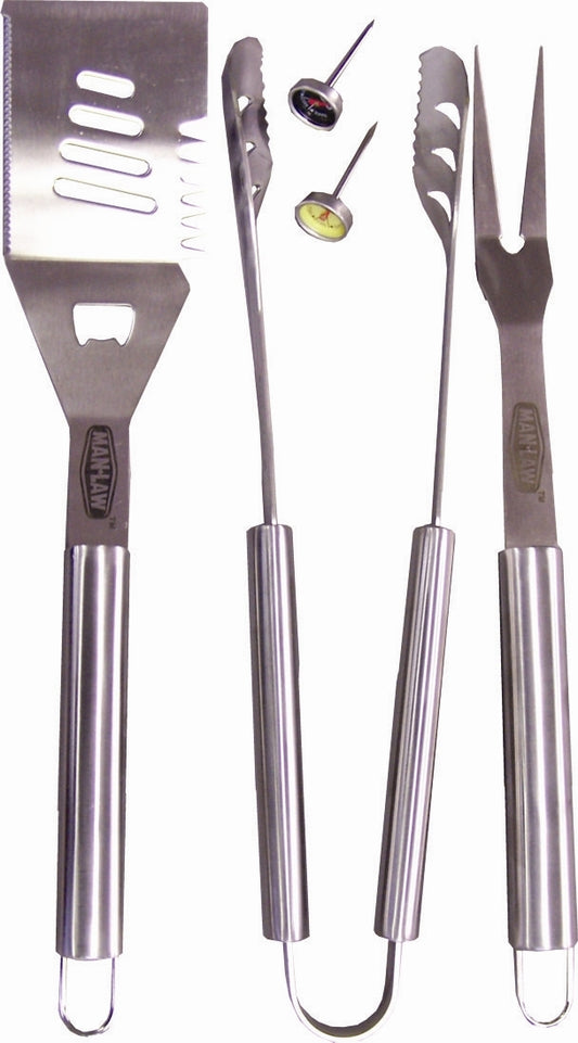 Man Law Stainless Steel BBQ Tools 3 Piece Set wtih Steak Gauges