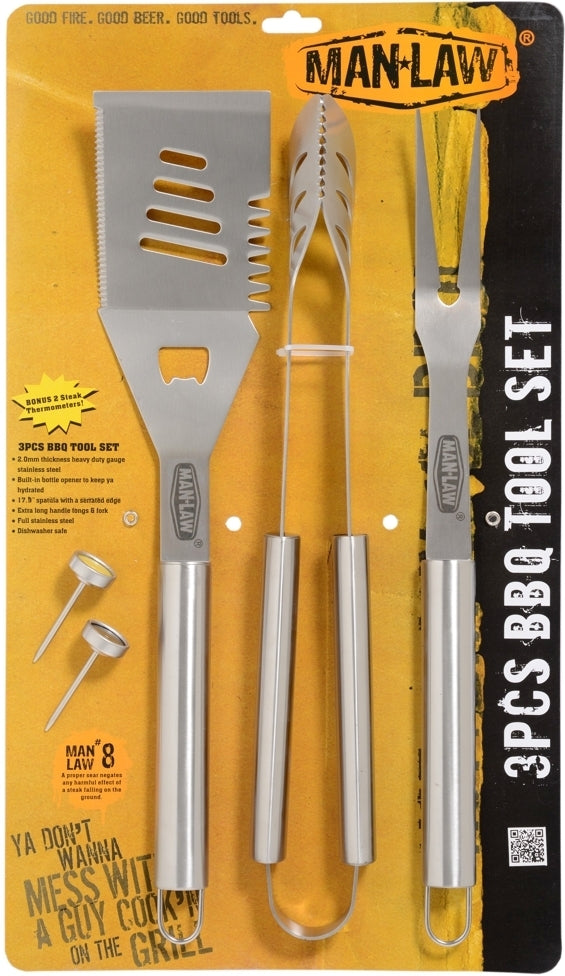 Man Law Stainless Steel BBQ Tools 3 Piece Set wtih Steak Gauges