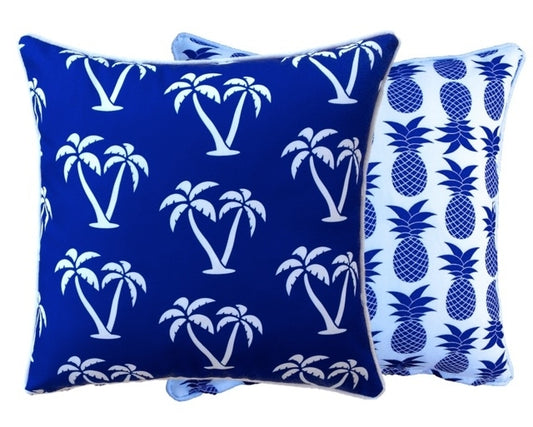 Outdoor Cushion Reversible 60x60cm - Palm Trees & Pineapples (Mykonos Blue)