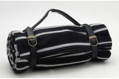 Sundowner Fleece Picnic Blanket with Straps - Black, White & Grey Stripes