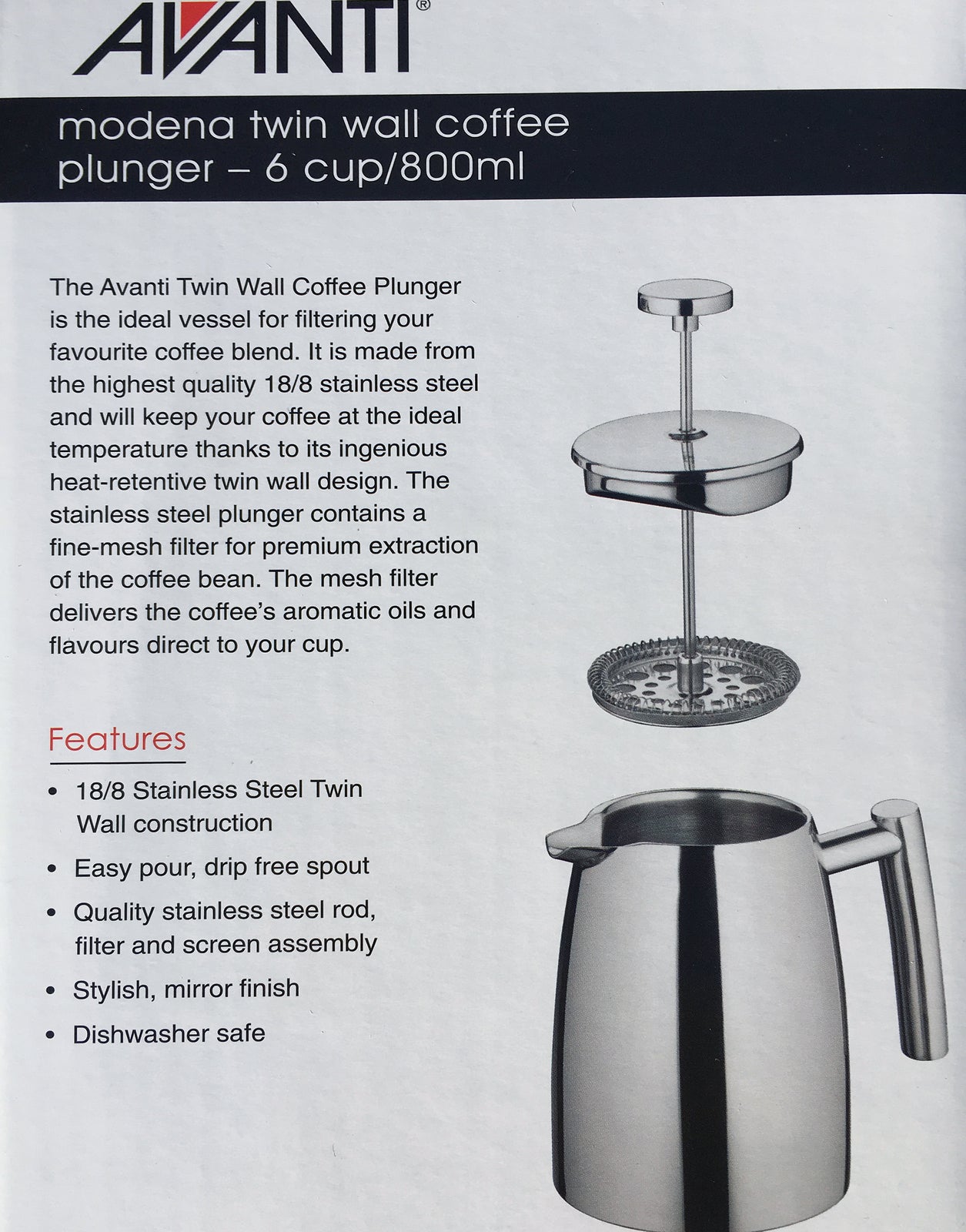 Avanti Modena Stainless Steel Twin Wall Coffee Plunger 800ml