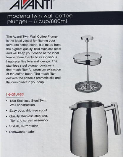 Avanti Modena Stainless Steel Twin Wall Coffee Plunger 800ml