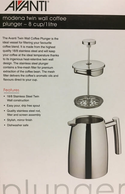 Avanti Modena Stainless Steel Twin Wall Coffee Plunger 1 Litre