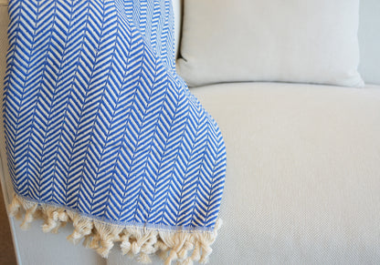 Luxurious Turkish Cotton Throw Rug / Travel Blanket - Blue