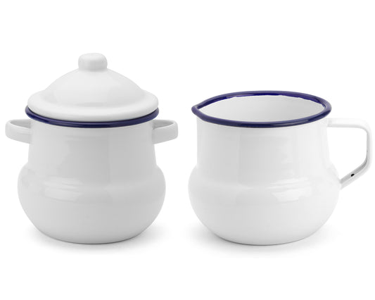 Falcon Enamel Sugar Pot & Creamer Set - White with Blue Rim
