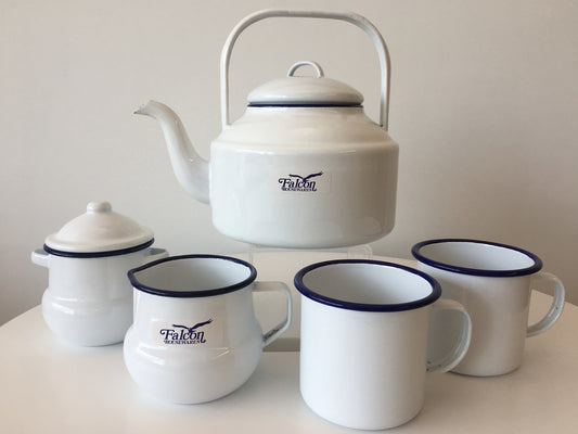Falcon Enamel 2L Kettle, Sugar Pot & Creamer Set with 2 x 500ml Mugs