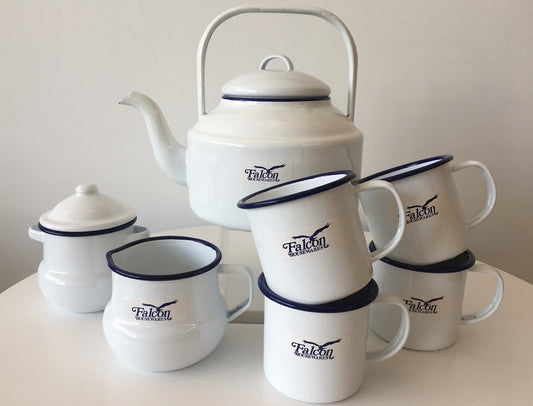 Falcon Enamel 2L Kettle, Sugar Pot & Creamer Set with 4 x 350ml Mugs